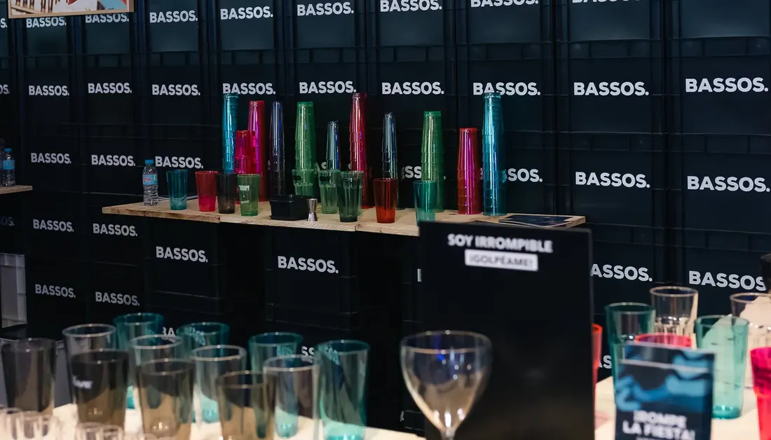 Bassos stand with coloured glassware on the exhibition floor