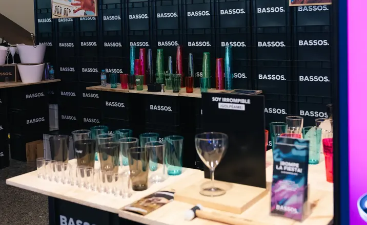Drinks and products displayed at an exhibition stand